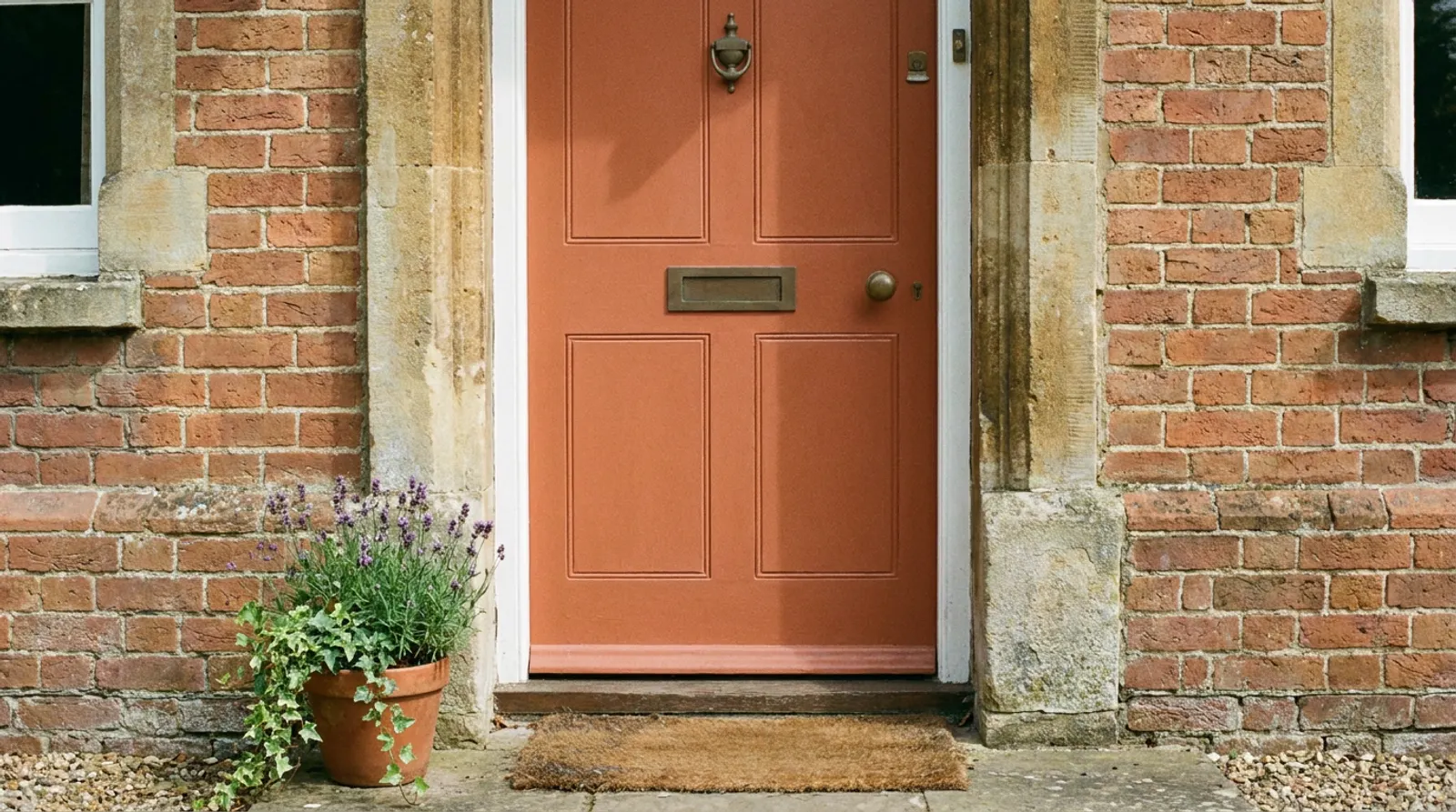A warm clay-coloured front door in a brick and stone surround, with lavender by the step