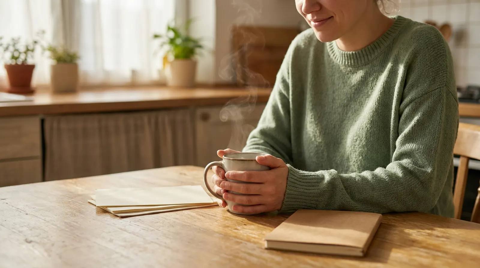 A person at a kitchen table with a warm drink and some paperwork
